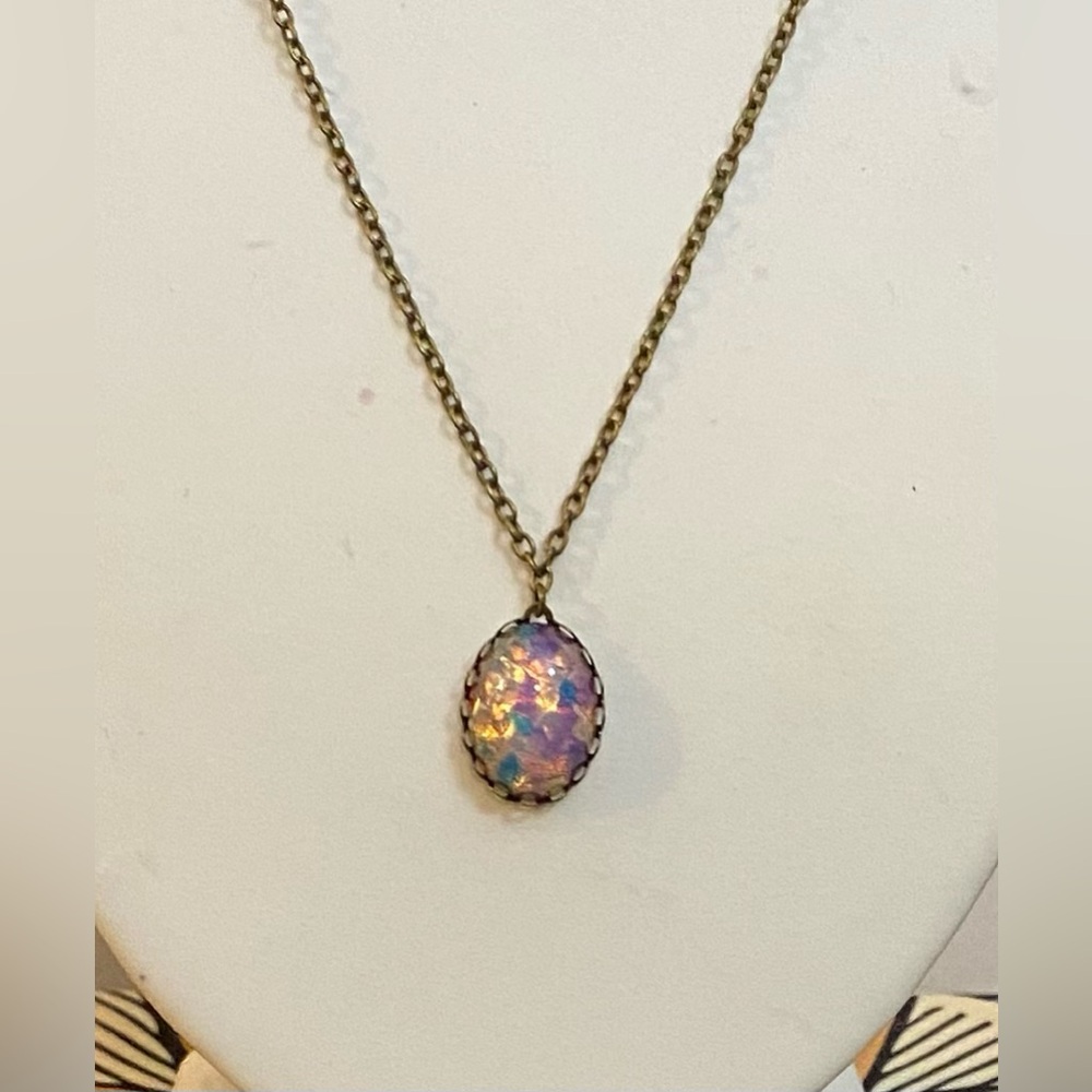 NEW handcrafted Opal (faux) cabochon on a brass chain
